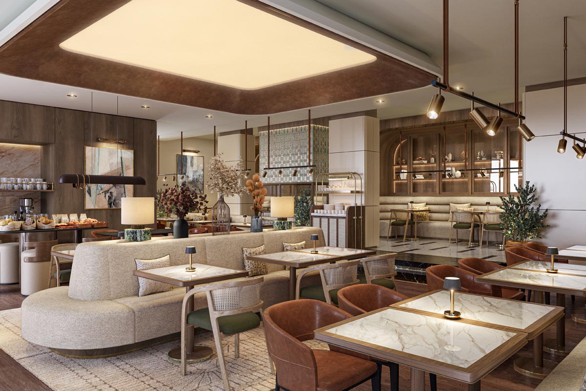 Dining Lounge im Berlin Marriott Hotel „Dining Lounge im Berlin Marriott Hotel – urbanes Wohnzimmer für kosmopolitischen Genuss mit Naturtönen, weichen Texturen und modernem Lichtkonzept“